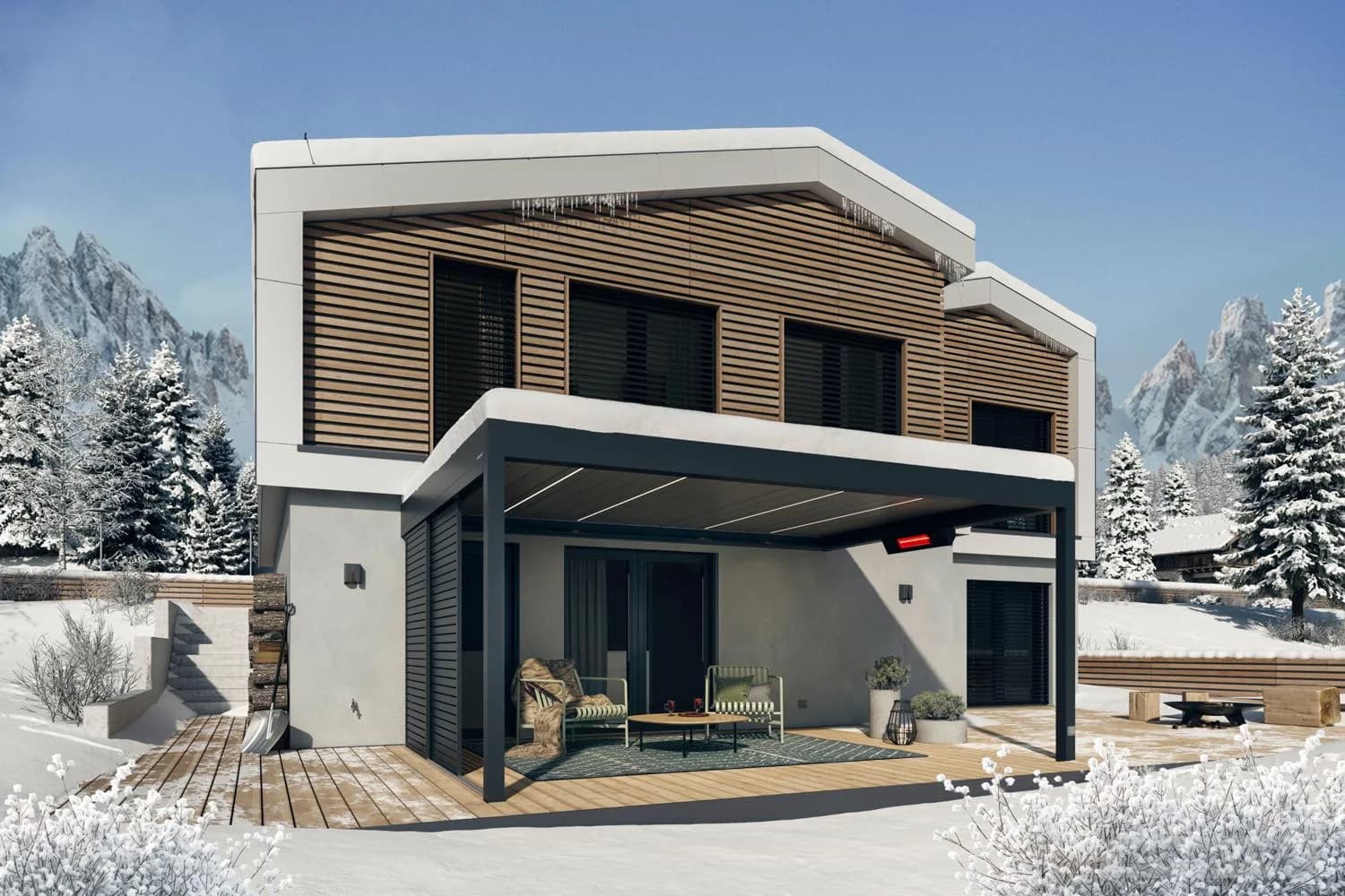 Anthrazitfarbenes Lamellendach mit geschlossenen Lamellen und leichter Schneeauflage an einem modernen Wohnhaus im Winter