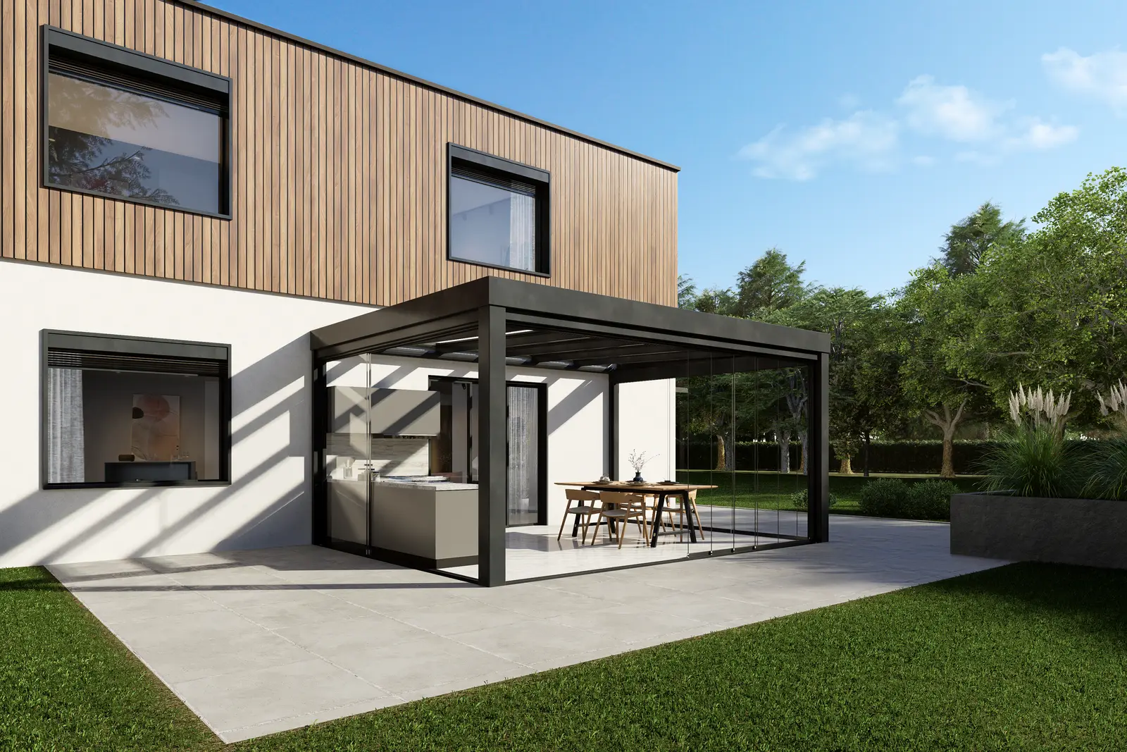 3D-Visualisierung des Beispielhauses mit kubischem Glashaus 5 × 4 m und Glas-Schiebewänden