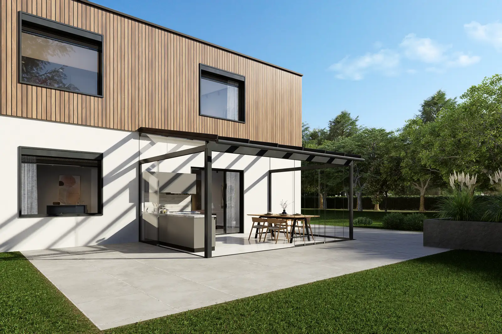 3D-Visualisierung desselben Hauses mit Pultdach-Glashaus mit Dachüberstand
